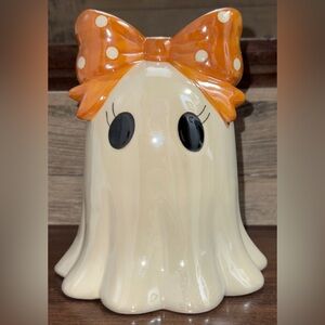 🥰 Viral Iridescent Ceramic Ghost 👻 With Orange & White Polka Dot Bow Halloween